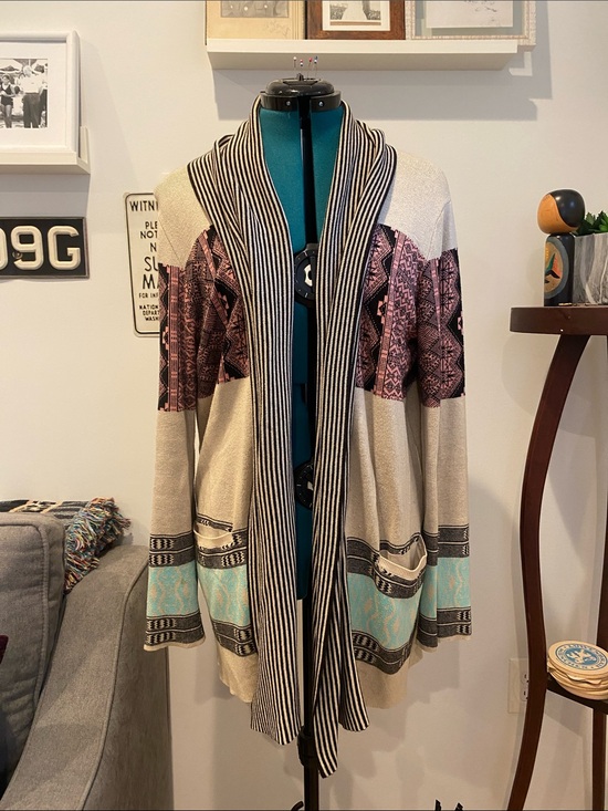 Anthropologie Sweaters - Anthropologie Neutral, Teal & Dusty Rose Patterned Open-Front Cardigan